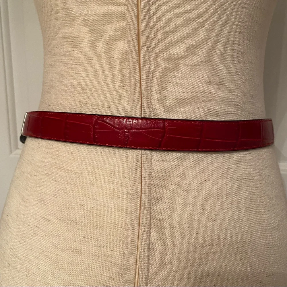 BRIGHTON BELT BLACK RED LEATHER REVERSIBLE SILVER TONE HARDWARE size 32